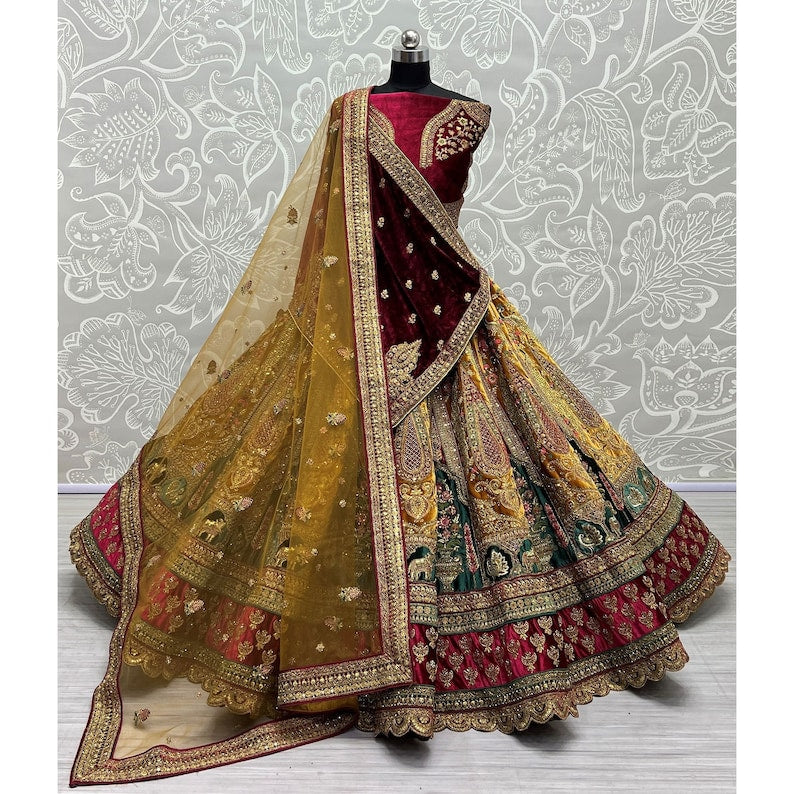 Alluring Yellow Embroidered Velvet Lehenga Choli With Double Dupatta