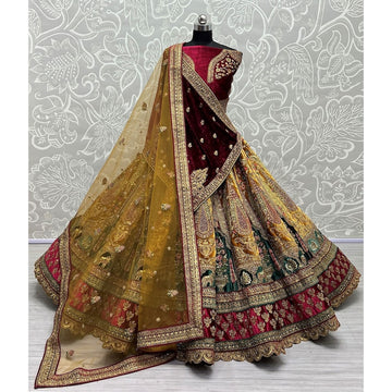 Alluring Yellow Embroidered Velvet Lehenga Choli With Double Dupatta
