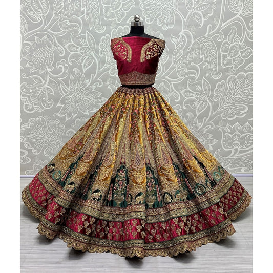 Alluring Yellow Embroidered Velvet Lehenga Choli With Double Dupatta