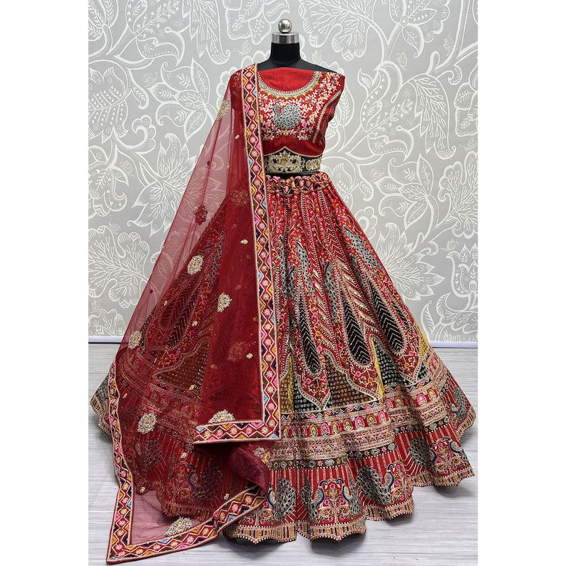 Royal Red Velvet Wedding Wear Embroidery Lehenga Choli