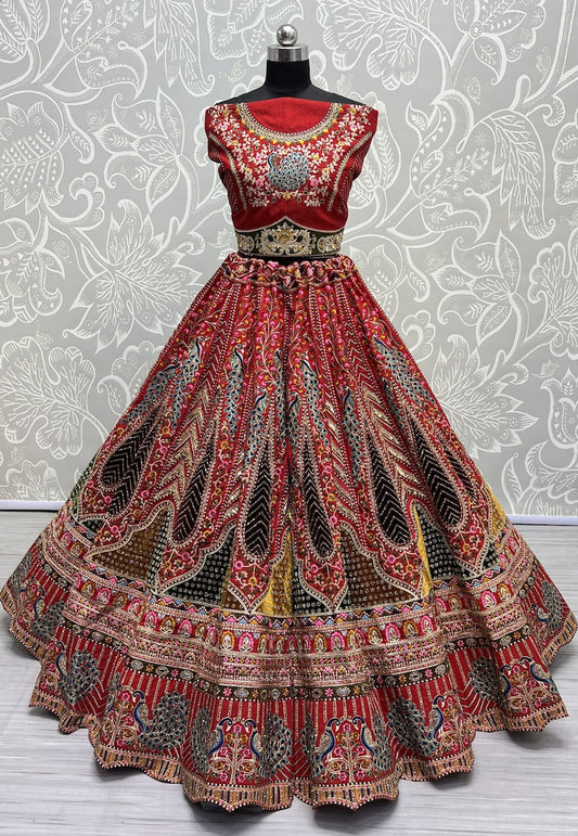 Royal Red Velvet Wedding Wear Embroidery Lehenga Choli