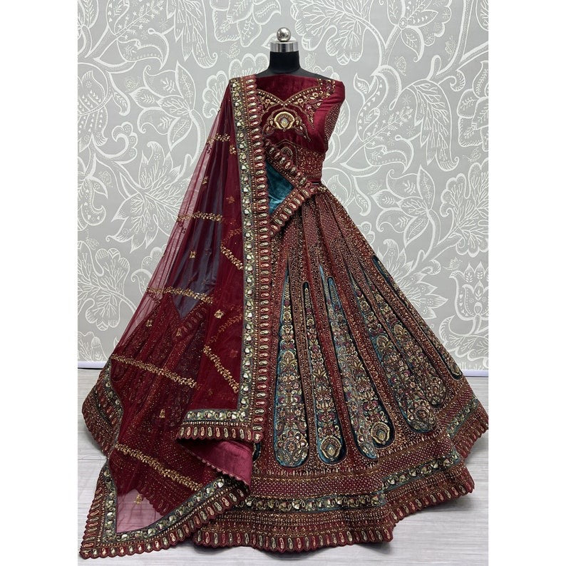Velvet Fabric Red Colour Magnificent Lehenga with Double Dupatta
