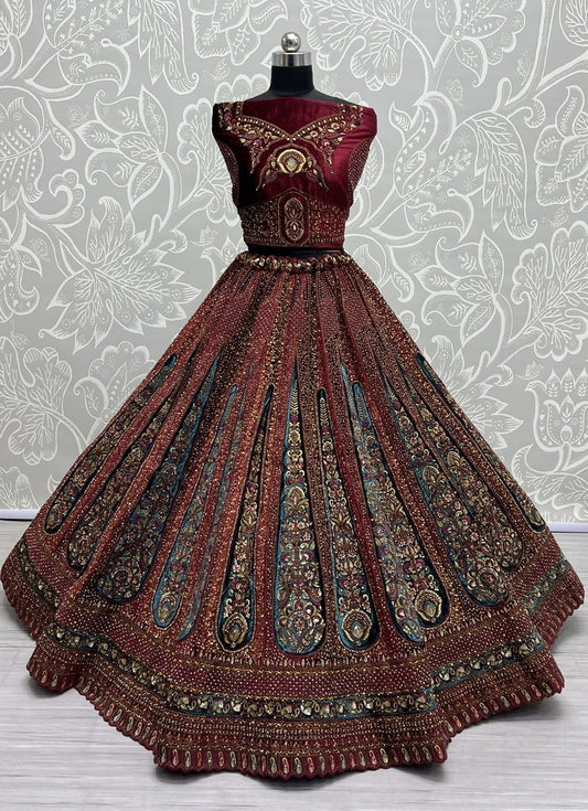 Velvet Fabric Red Colour Magnificent Lehenga with Double Dupatta