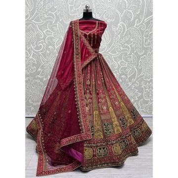 Velvet Fabric Red Colour Magnificent Lehenga with Double Dupatta
