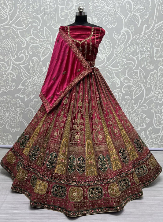 Velvet Fabric Red Colour Magnificent Lehenga with Double Dupatta