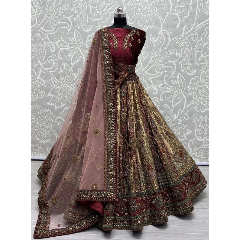 Velvet Fabric Red Colour Magnificent Lehenga with Double Dupatta Choli
