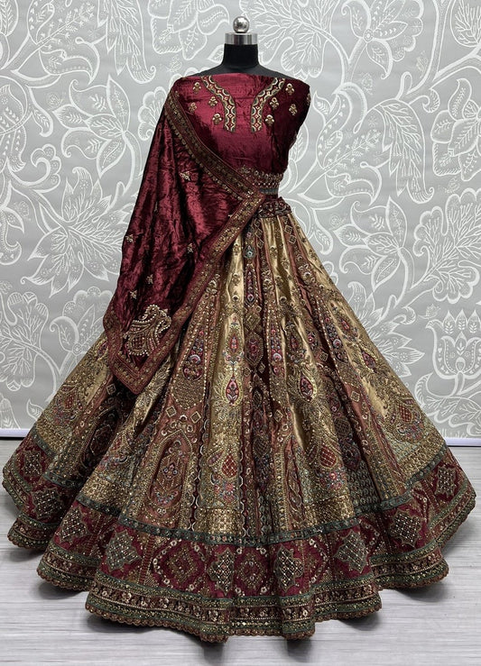 Velvet Fabric Red Colour Magnificent Lehenga with Double Dupatta Choli