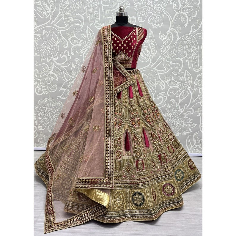 Embroidered Velvet Lehenga in Maroon Color
