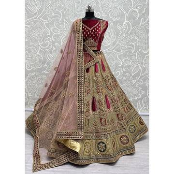 Embroidered Velvet Lehenga in Maroon Color