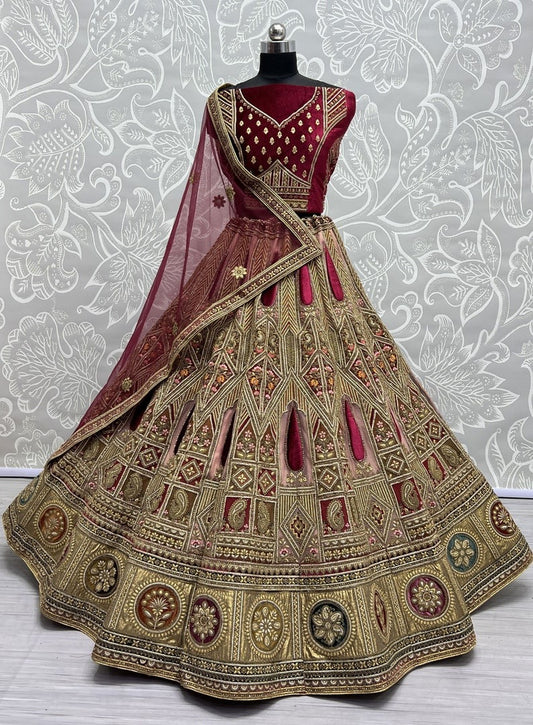 Embroidered Velvet Lehenga in Maroon Color