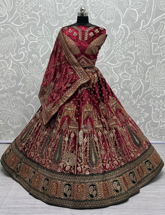 Maroon Color Bridal Lehenga Choli for Party and Reception With Multi Thread Work, Sequence Work, Dori Work, Zircon Diamond