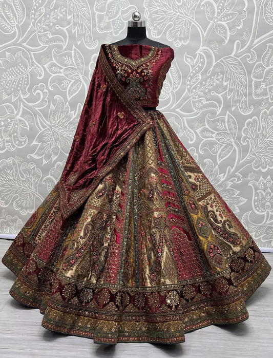 Maroon Color Bridal Lehenga Choli for Party and Reception With Multi Thread Work, Sequence Work, Dori Work, Zircon Diamond