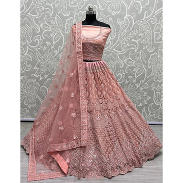 Embroidered Sequinned Net Semi-Stitched Lehenga & Unstitched Blouse With Dupatta