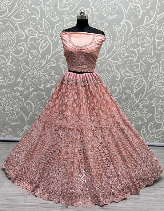 Embroidered Sequinned Net Semi-Stitched Lehenga & Unstitched Blouse With Dupatta