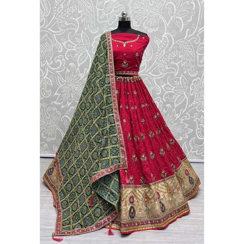 Embroidered Round Neck Silk Women Lehenga Choli Set