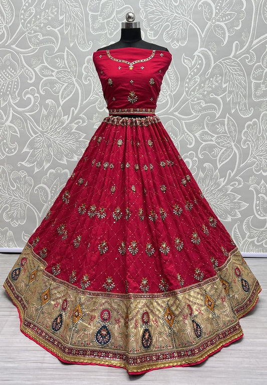Embroidered Round Neck Silk Women Lehenga Choli Set