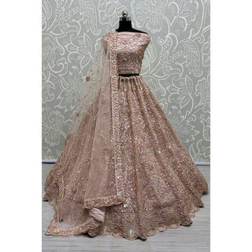 Pink Net Embroidered Lehenga Choli for Wedding