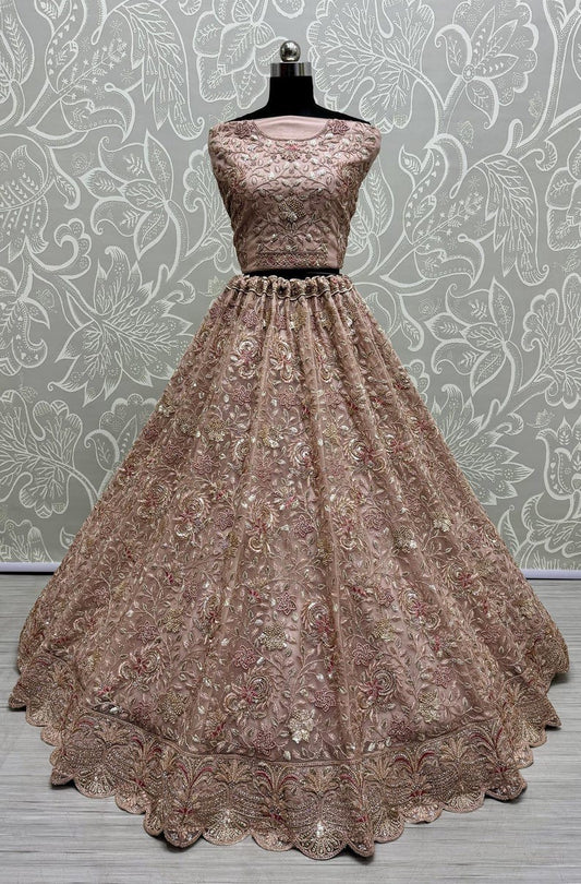 Pink Net Embroidered Lehenga Choli for Wedding