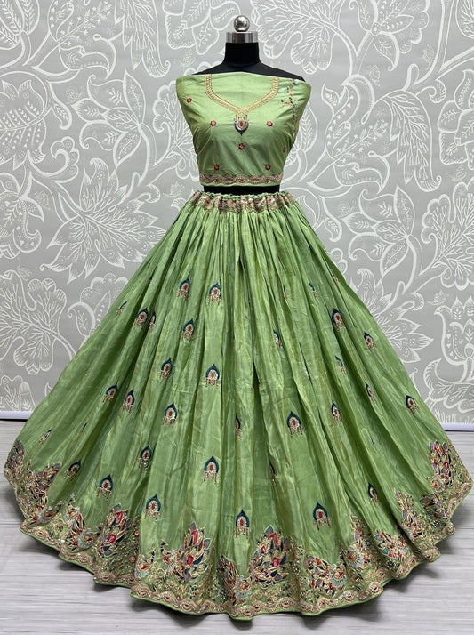 Parrot Colour Net Embroidered Lehenga Choli for Wedding