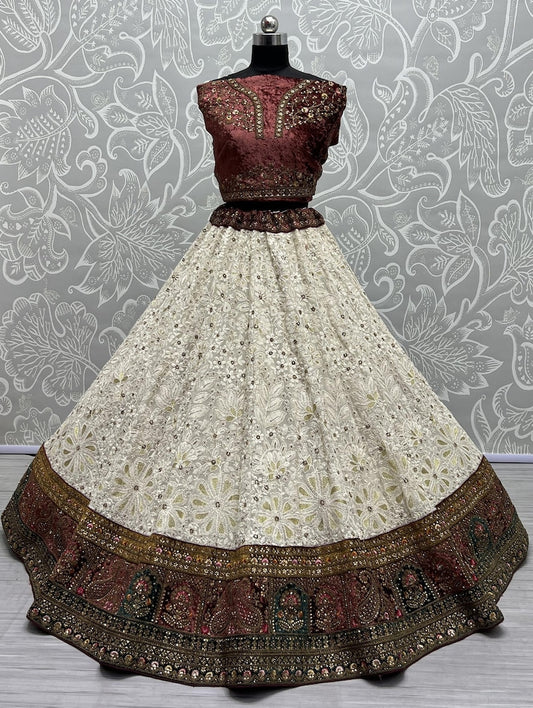 Red Net A - Line Lehenga Choli