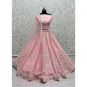 Net Fabric Bridal Lehenga Choli With Embroidery Work In Pink Color