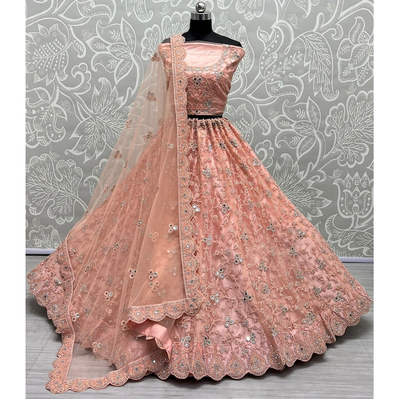 Net Fabric Bridal Lehenga Choli with Embroidery Work In Pink Colour