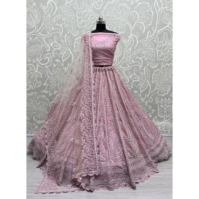 Net Fabric Bridal Lehenga Choli with Embroidery Work In Pink Colour