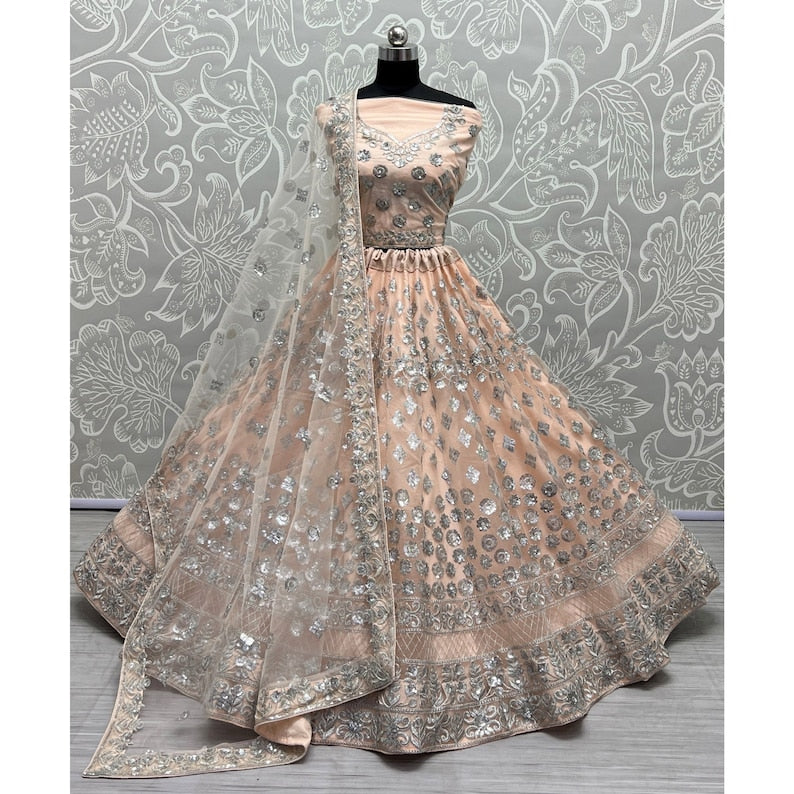 Net Fabric Bridal Lehenga Choli with Embroidery Work In Off Pink Colour
