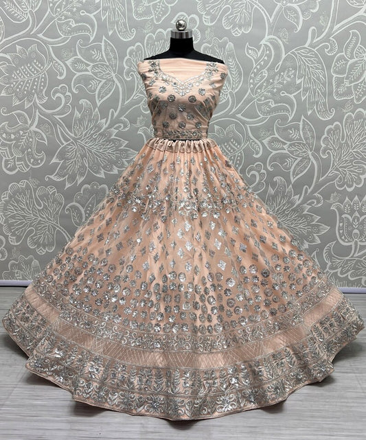 Net Fabric Bridal Lehenga Choli with Embroidery Work In Off Pink Colour