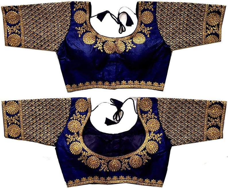 Silk Blue Ladies Embroidered Half Sleeve Blouse