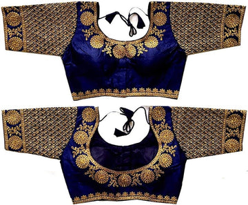 Silk Blue Ladies Embroidered Half Sleeve Blouse