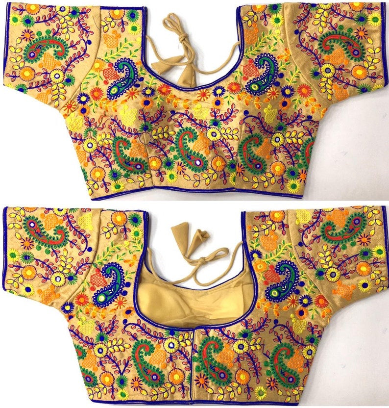 Thread Women Yellow Embroidered Silk Blend Round Neck Blouse