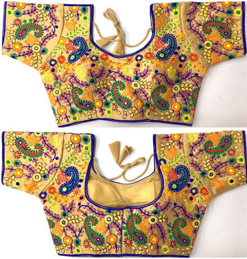 Thread Women Yellow Embroidered Silk Blend Round Neck Blouse