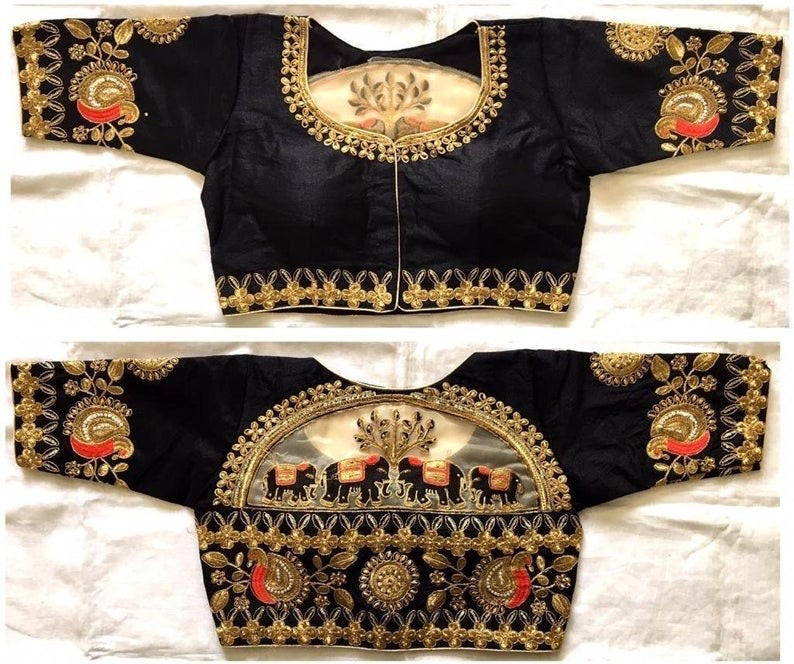 Indian Beautiful Round Neck with Golden Flower Peacock Embroidery Blouse