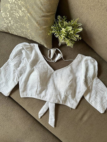 White Pure Cotton hakoba Embroidery Readymade Designer Saree Blouse