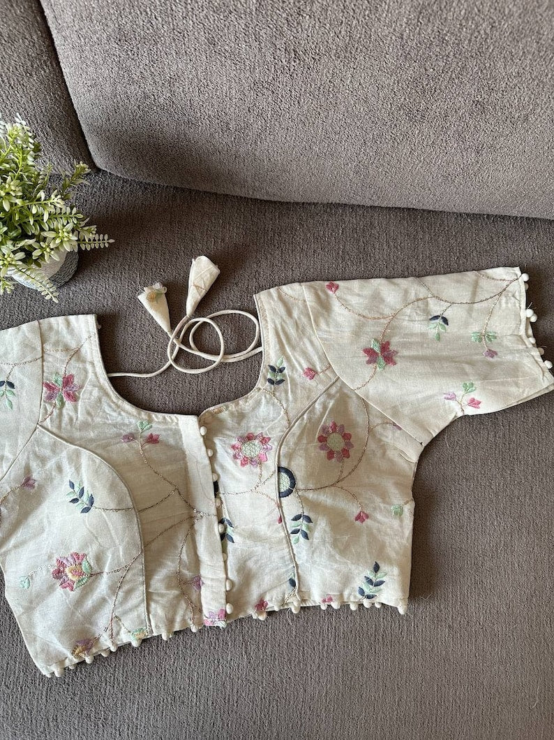 Off White Khadi Cotton Embroidery Ready Made Designer Saree Blouse