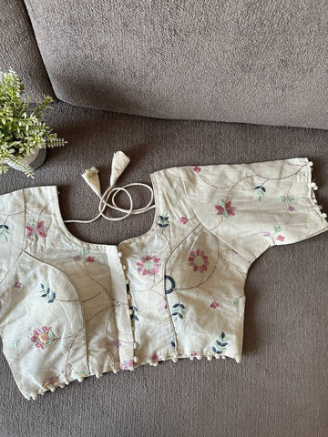 Off White Khadi Cotton Embroidery Ready Made Designer Saree Blouse