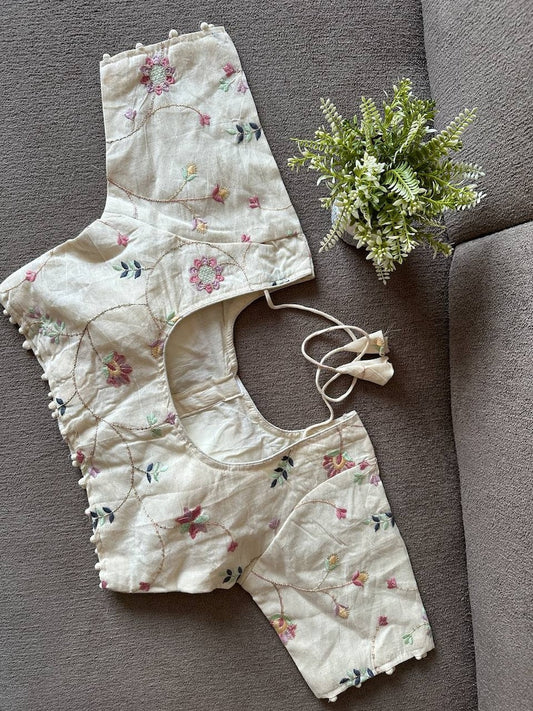 Off White Khadi Cotton Embroidery Ready Made Designer Saree Blouse