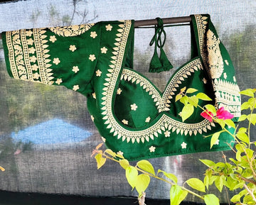Green Floral Embroidery Pattern Ready Made Designer Saree Blouse
