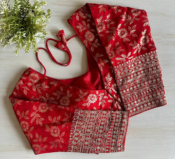 Beautiful Golden Jari All Over Blouse With Heavy Embroidery Work In Sleeves Ready Made Blouse