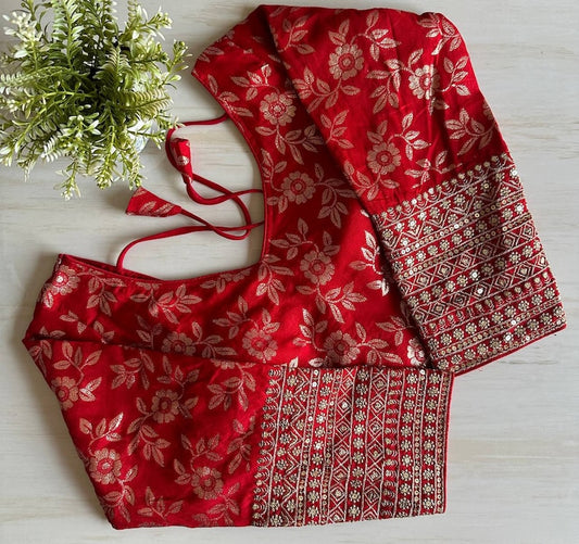 Beautiful Golden Jari All Over Blouse With Heavy Embroidery Work In Sleeves Ready Made Blouse