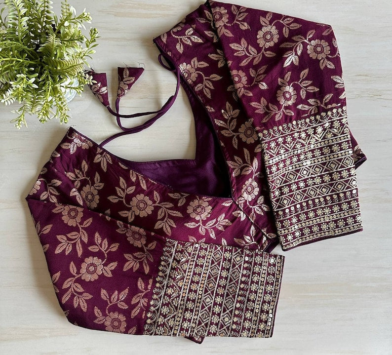 Maroon Brocade Embroidery Pattern Ready Made Designer Saree Blouse