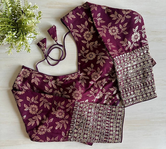 Maroon Brocade Embroidery Pattern Ready Made Designer Saree Blouse