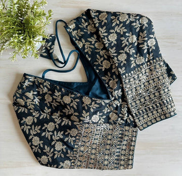 Blue Brocade Embroidery Pattern Readymade Designer Saree Blouse