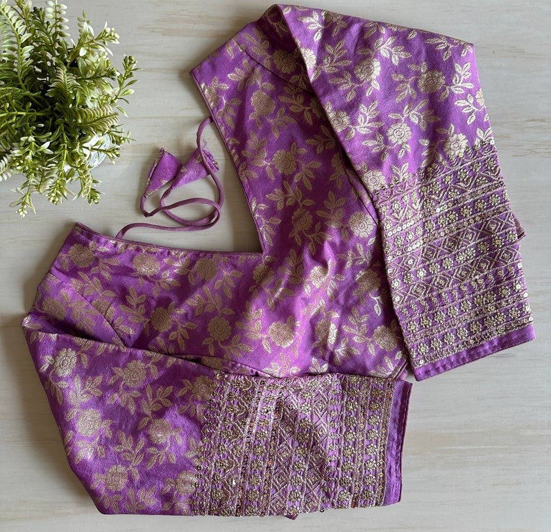 Purple Brocade Embroidery Pattern Ready Made Designer Saree Blouse