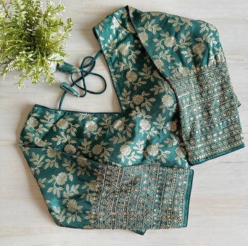 Green Brocade Embroidery Pattern Ready Made Designer Saree Blouse