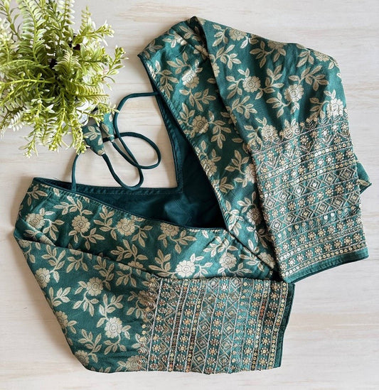 Green Brocade Embroidery Pattern Ready Made Designer Saree Blouse