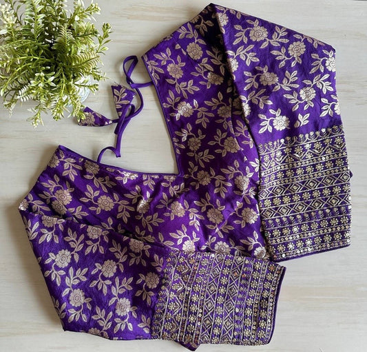Purple Brocade Embroidery Pattern Ready Made Designer Saree Blouse