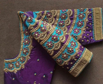 Raw Silk Purple Maggam Work Blouse with Zari Stone Beads Kundans and Thread Work