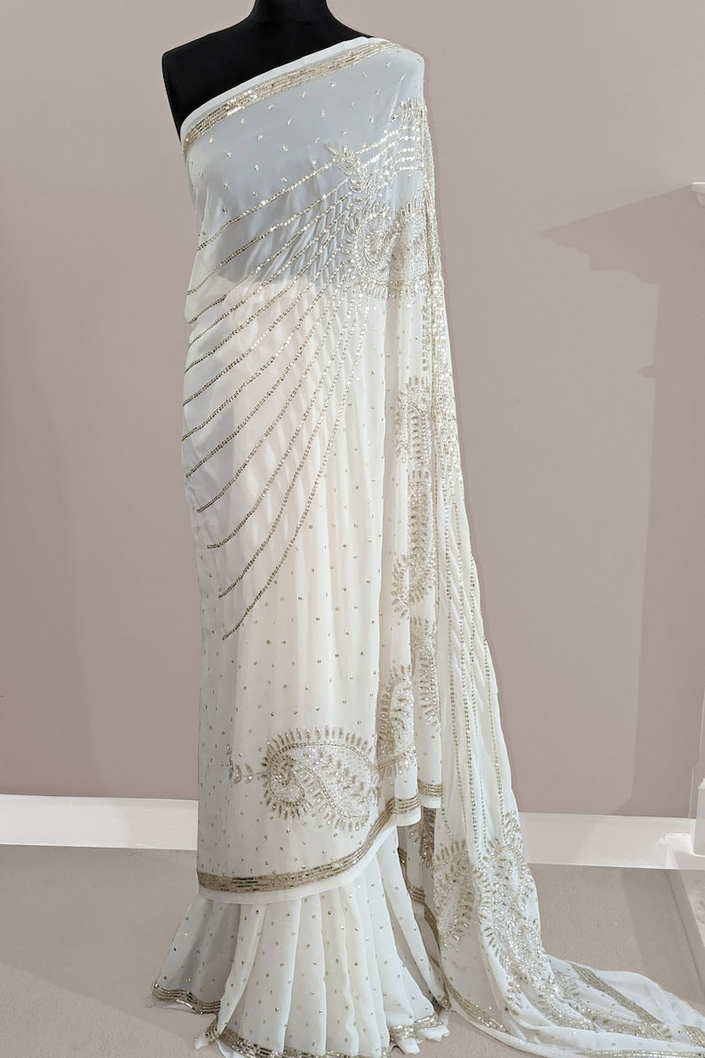 Traditional Indian Ivory White Georgette Hand Work Saree